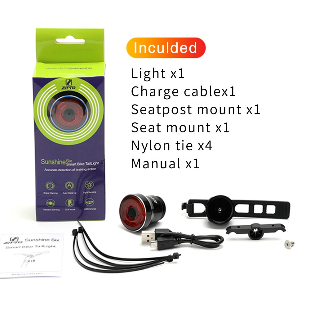 ZTTO Bicycle Brake Sensor Aluminum Trail Light Waterproof Cycling Rechargeable Safe Warning 100 Lumen Traillight