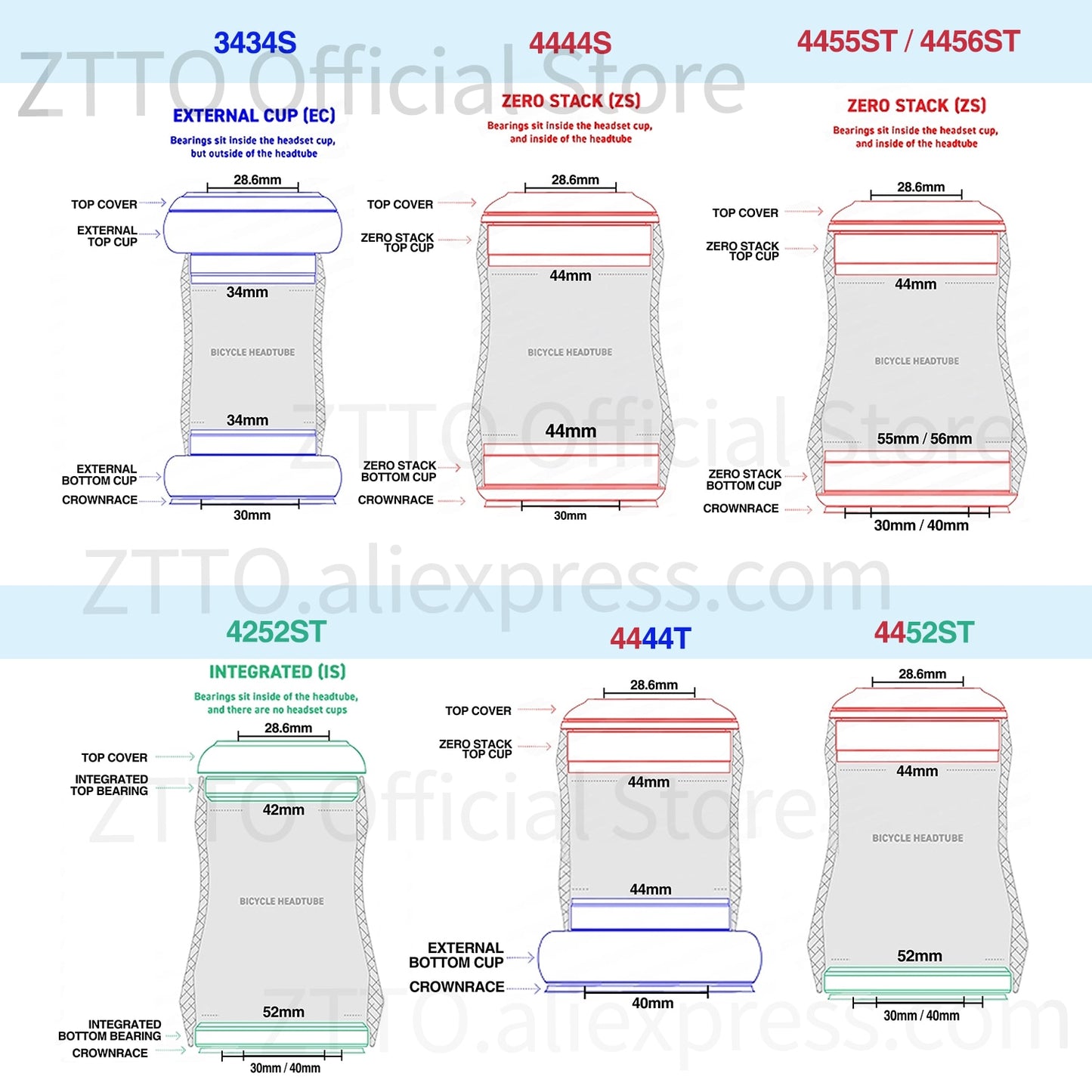 ZTTO Bicycle Internal Headset 44mm 56mm MTB Threadless Sealed Bearing 45 Degree ZS44 ZS56 Tapered Straight Fork Steerer 4456ST